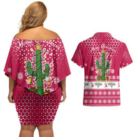 Texas Christmas Couples Matching Off Shoulder Short Dress and Hawaiian Shirt with Red and White Snowflake Pattern Longhorn Skull and Christmas Cactus Motif - Wonder Print Shop