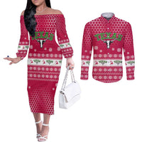 Texas Christmas Couples Matching Off The Shoulder Long Sleeve Dress and Long Sleeve Button Shirt with Red and White Snowflake Pattern Longhorn Skull and Christmas Cactus Motif - Wonder Print Shop