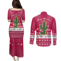 Texas Christmas Couples Matching Puletasi and Long Sleeve Button Shirt with Red and White Snowflake Pattern Longhorn Skull and Christmas Cactus Motif - Wonder Print Shop
