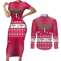 Texas Christmas Couples Matching Short Sleeve Bodycon Dress and Long Sleeve Button Shirt with Red and White Snowflake Pattern Longhorn Skull and Christmas Cactus Motif - Wonder Print Shop