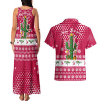 Texas Christmas Couples Matching Tank Maxi Dress and Hawaiian Shirt with Red and White Snowflake Pattern Longhorn Skull and Christmas Cactus Motif - Wonder Print Shop