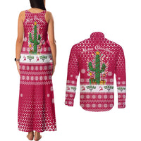 Texas Christmas Couples Matching Tank Maxi Dress and Long Sleeve Button Shirt with Red and White Snowflake Pattern Longhorn Skull and Christmas Cactus Motif - Wonder Print Shop