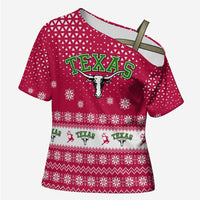 Texas Christmas Cross Shoulder Shirt with Red and White Snowflake Pattern Longhorn Skull and Christmas Cactus Motif - Wonder Print Shop
