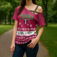 Texas Christmas Cross Shoulder Shirt with Red and White Snowflake Pattern Longhorn Skull and Christmas Cactus Motif - Wonder Print Shop