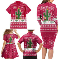 Texas Christmas Family Matching Long Sleeve Bodycon Dress and Hawaiian Shirt with Red and White Snowflake Pattern Longhorn Skull and Christmas Cactus Motif - Wonder Print Shop