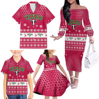 Texas Christmas Family Matching Off The Shoulder Long Sleeve Dress and Hawaiian Shirt with Red and White Snowflake Pattern Longhorn Skull and Christmas Cactus Motif - Wonder Print Shop
