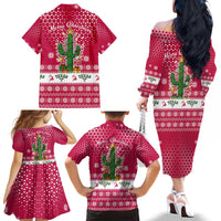 Texas Christmas Family Matching Off The Shoulder Long Sleeve Dress and Hawaiian Shirt with Red and White Snowflake Pattern Longhorn Skull and Christmas Cactus Motif - Wonder Print Shop