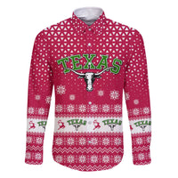 Texas Christmas Family Matching Off The Shoulder Long Sleeve Dress and Hawaiian Shirt with Red and White Snowflake Pattern Longhorn Skull and Christmas Cactus Motif - Wonder Print Shop