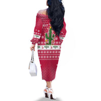 Texas Christmas Family Matching Off The Shoulder Long Sleeve Dress and Hawaiian Shirt with Red and White Snowflake Pattern Longhorn Skull and Christmas Cactus Motif - Wonder Print Shop