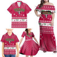 Texas Christmas Family Matching Off Shoulder Maxi Dress and Hawaiian Shirt with Red and White Snowflake Pattern Longhorn Skull and Christmas Cactus Motif - Wonder Print Shop