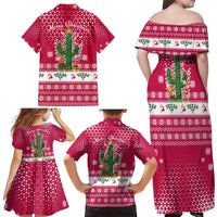 Texas Christmas Family Matching Off Shoulder Maxi Dress and Hawaiian Shirt with Red and White Snowflake Pattern Longhorn Skull and Christmas Cactus Motif - Wonder Print Shop