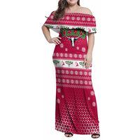 Texas Christmas Family Matching Off Shoulder Maxi Dress and Hawaiian Shirt with Red and White Snowflake Pattern Longhorn Skull and Christmas Cactus Motif - Wonder Print Shop