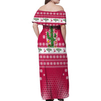 Texas Christmas Family Matching Off Shoulder Maxi Dress and Hawaiian Shirt with Red and White Snowflake Pattern Longhorn Skull and Christmas Cactus Motif - Wonder Print Shop
