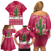Texas Christmas Family Matching Off Shoulder Short Dress and Hawaiian Shirt with Red and White Snowflake Pattern Longhorn Skull and Christmas Cactus Motif - Wonder Print Shop