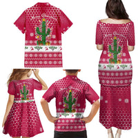 Texas Christmas Family Matching Puletasi and Hawaiian Shirt with Red and White Snowflake Pattern Longhorn Skull and Christmas Cactus Motif - Wonder Print Shop