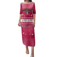Texas Christmas Family Matching Puletasi and Hawaiian Shirt with Red and White Snowflake Pattern Longhorn Skull and Christmas Cactus Motif - Wonder Print Shop