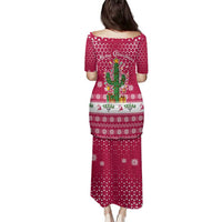 Texas Christmas Family Matching Puletasi and Hawaiian Shirt with Red and White Snowflake Pattern Longhorn Skull and Christmas Cactus Motif - Wonder Print Shop