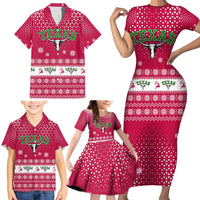 Texas Christmas Family Matching Short Sleeve Bodycon Dress and Hawaiian Shirt with Red and White Snowflake Pattern Longhorn Skull and Christmas Cactus Motif - Wonder Print Shop
