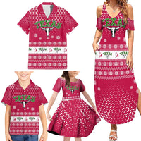 Texas Christmas Family Matching Summer Maxi Dress and Hawaiian Shirt with Red and White Snowflake Pattern Longhorn Skull and Christmas Cactus Motif - Wonder Print Shop