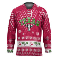 Texas Christmas Hockey Jersey with Red and White Snowflake Pattern Longhorn Skull and Christmas Cactus Motif - Wonder Print Shop