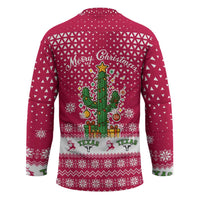 Texas Christmas Hockey Jersey with Red and White Snowflake Pattern Longhorn Skull and Christmas Cactus Motif - Wonder Print Shop