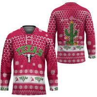 Texas Christmas Hockey Jersey with Red and White Snowflake Pattern Longhorn Skull and Christmas Cactus Motif - Wonder Print Shop