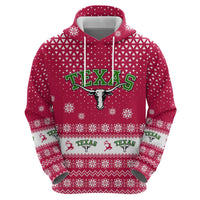 Texas Christmas Hoodie with Red and White Snowflake Pattern Longhorn Skull and Christmas Cactus Motif - Wonder Print Shop