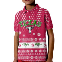 Texas Christmas Kid Polo Shirt with Red and White Snowflake Pattern Longhorn Skull and Christmas Cactus Motif - Wonder Print Shop