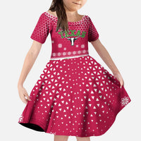 Texas Christmas Kid Short Sleeve Dress with Red and White Snowflake Pattern Longhorn Skull and Christmas Cactus Motif - Wonder Print Shop