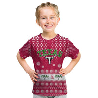 Texas Christmas Kid T Shirt with Red and White Snowflake Pattern Longhorn Skull and Christmas Cactus Motif - Wonder Print Shop