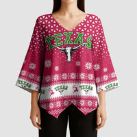 Texas Christmas Kimono Sleeve Blouse with Red and White Snowflake Pattern Longhorn Skull and Christmas Cactus Motif - Wonder Print Shop