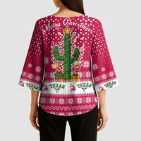 Texas Christmas Kimono Sleeve Blouse with Red and White Snowflake Pattern Longhorn Skull and Christmas Cactus Motif - Wonder Print Shop