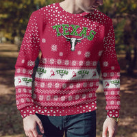 Texas Christmas Ugly Christmas Sweater with Red and White Snowflake Pattern Longhorn Skull and Christmas Cactus Motif - Wonder Print Shop