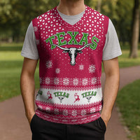 Texas Christmas Knitted V-Neck Vest with Red and White Snowflake Pattern Longhorn Skull and Christmas Cactus Motif - Wonder Print Shop