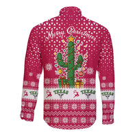 Texas Christmas Long Sleeve Button Shirt with Red and White Snowflake Pattern Longhorn Skull and Christmas Cactus Motif - Wonder Print Shop