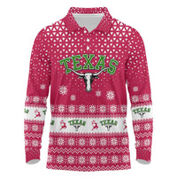 Texas Christmas Long Sleeve Polo Shirt with Red and White Snowflake Pattern Longhorn Skull and Christmas Cactus Motif - Wonder Print Shop
