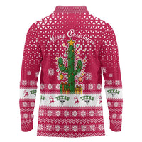 Texas Christmas Long Sleeve Polo Shirt with Red and White Snowflake Pattern Longhorn Skull and Christmas Cactus Motif - Wonder Print Shop