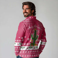 Texas Christmas Long Sleeve Polo Shirt with Red and White Snowflake Pattern Longhorn Skull and Christmas Cactus Motif - Wonder Print Shop