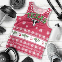 Texas Christmas Men Tank Top with Red and White Snowflake Pattern Longhorn Skull and Christmas Cactus Motif - Wonder Print Shop