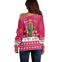 Texas Christmas Off Shoulder Sweater with Red and White Snowflake Pattern Longhorn Skull and Christmas Cactus Motif - Wonder Print Shop