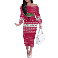 Texas Christmas Off The Shoulder Long Sleeve Dress with Red and White Snowflake Pattern Longhorn Skull and Christmas Cactus Motif - Wonder Print Shop