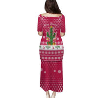 Texas Christmas Puletasi with Red and White Snowflake Pattern Longhorn Skull and Christmas Cactus Motif - Wonder Print Shop