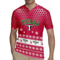 Texas Christmas Rugby Jersey with Red and White Snowflake Pattern Longhorn Skull and Christmas Cactus Motif - Wonder Print Shop