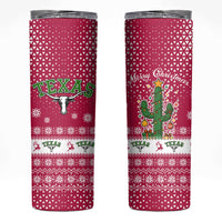 Texas Christmas Skinny Tumbler with Red and White Snowflake Pattern Longhorn Skull and Christmas Cactus Motif - Wonder Print Shop