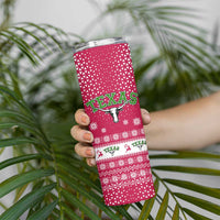 Texas Christmas Skinny Tumbler with Red and White Snowflake Pattern Longhorn Skull and Christmas Cactus Motif - Wonder Print Shop