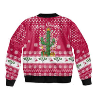 Texas Christmas Sleeve Zip Bomber Jacket with Red and White Snowflake Pattern Longhorn Skull and Christmas Cactus Motif - Wonder Print Shop
