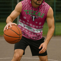 Texas Christmas Sleeveless Hoodie with Red and White Snowflake Pattern Longhorn Skull and Christmas Cactus Motif - Wonder Print Shop