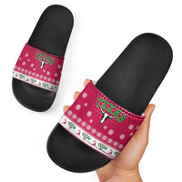 Texas Christmas Slide Sandals with Red and White Snowflake Pattern Longhorn Skull and Christmas Cactus Motif - Wonder Print Shop