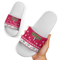 Texas Christmas Slide Sandals with Red and White Snowflake Pattern Longhorn Skull and Christmas Cactus Motif - Wonder Print Shop