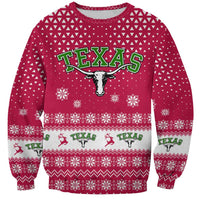 Texas Christmas Sweatshirt with Red and White Snowflake Pattern Longhorn Skull and Christmas Cactus Motif - Wonder Print Shop
